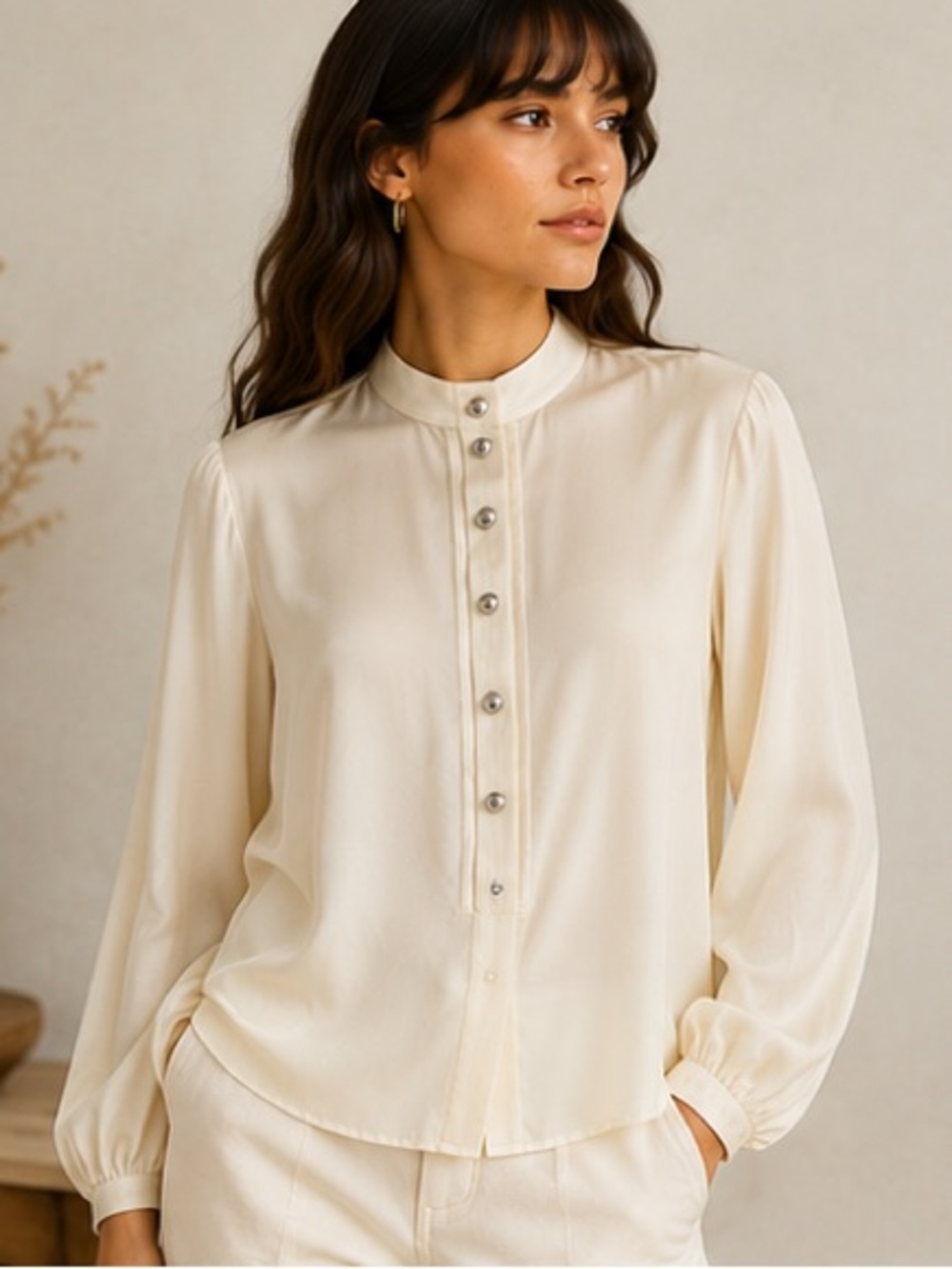 Derek Lam 10 Crosby Blouse Bishop Sleeve Button Detail Cream Ecru oversized
